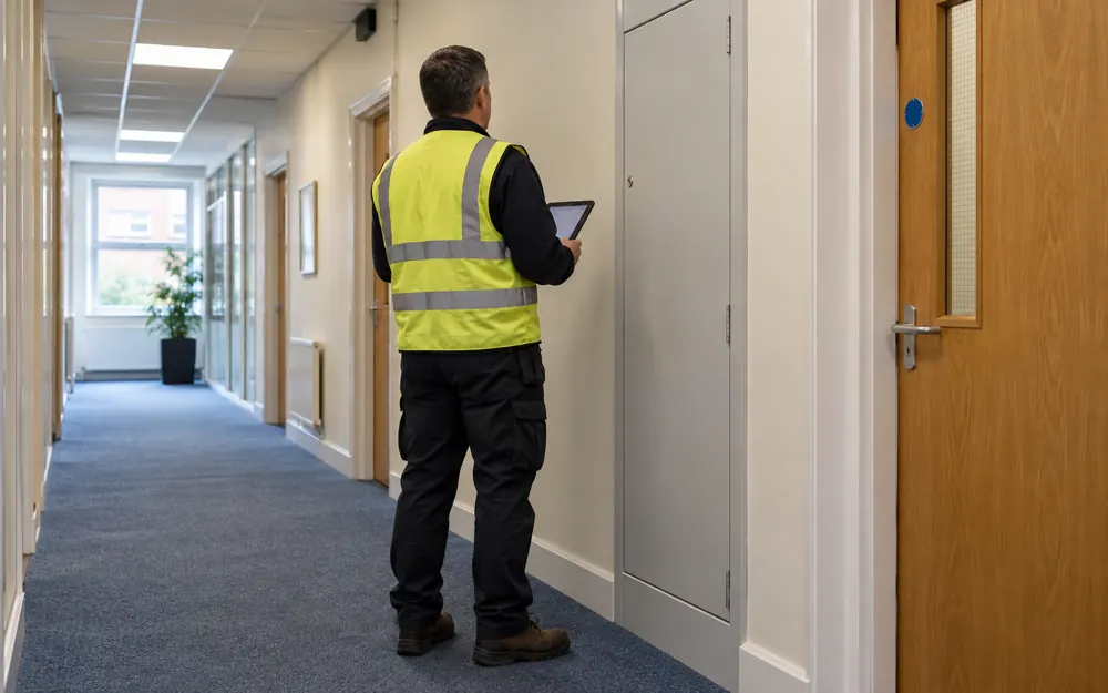 Surveyor recording information in a commercial building corridor